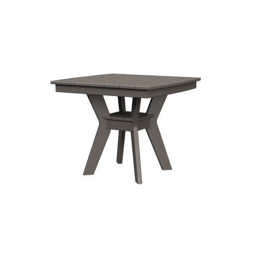 A square outdoor table with visible wood grain, likely made from a synthetic material like plastic or resin.