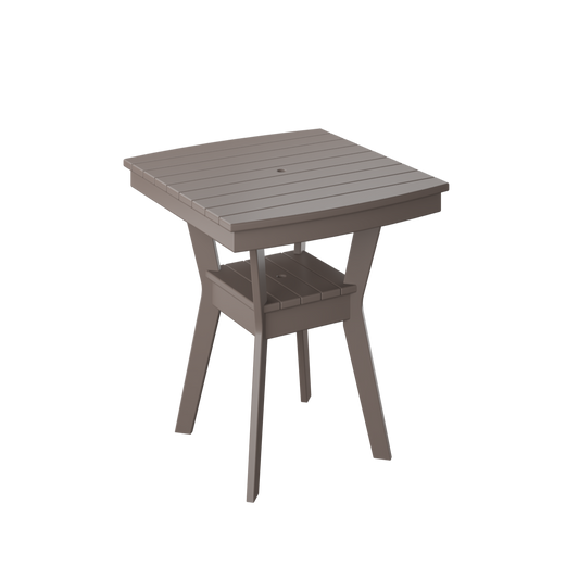 A square chat table with a wooden top and metal frame for outdoor or indoor use.