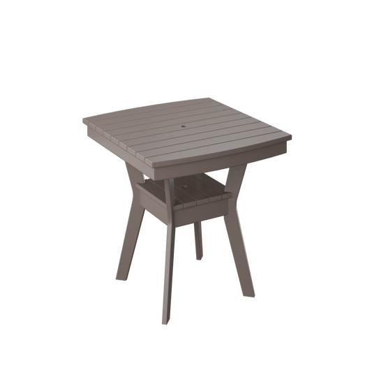 A gray square outdoor table with visible wood grain details and a central umbrella hole.