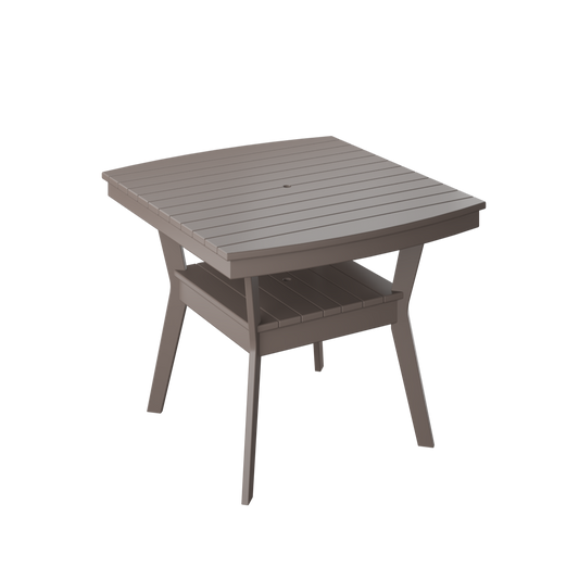 A square gray chat table with a wooden top and metal frame for outdoor furniture.