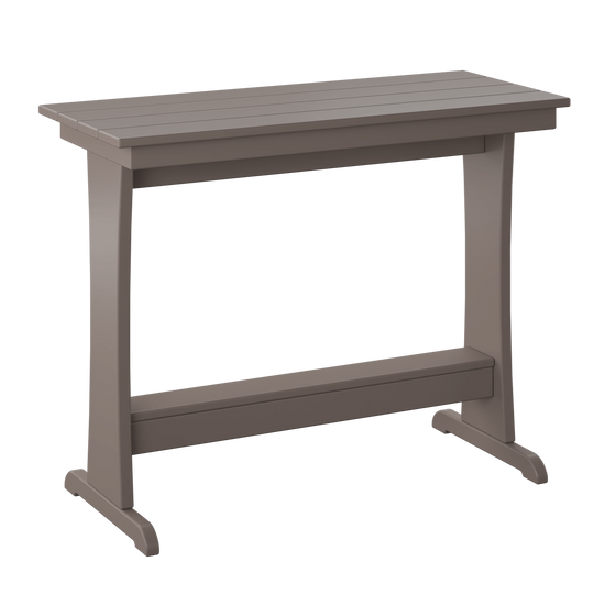 A minimalist style dining table with a narrow tabletop and sturdy legs.