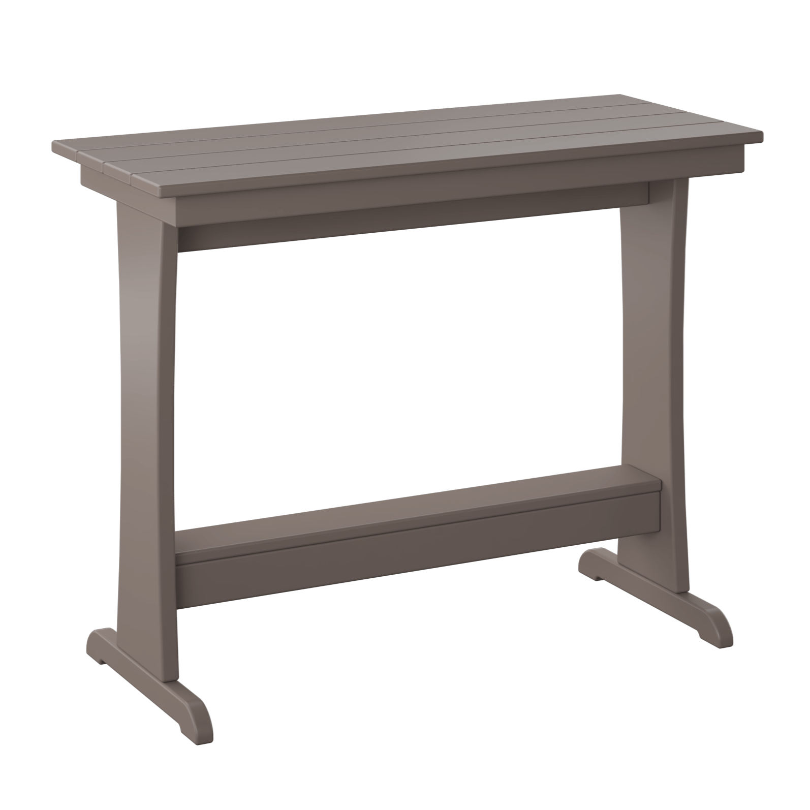 A minimalist style dining table with a narrow tabletop and sturdy legs.