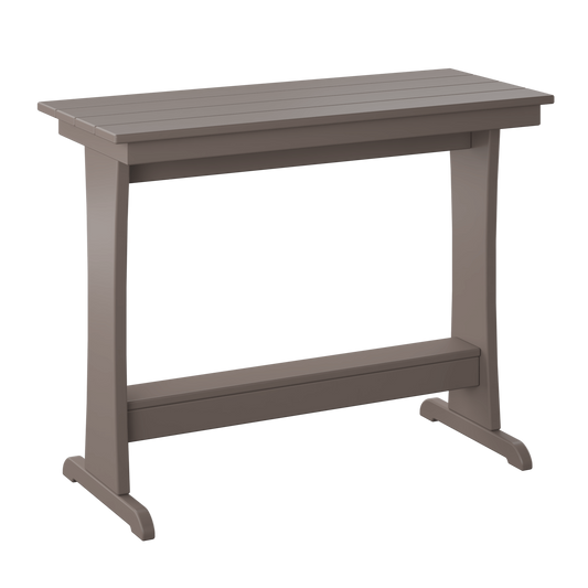 A minimalist style dining table with a narrow tabletop and sturdy legs.