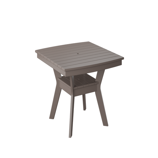 A gray square outdoor table with visible wood grain details and a central umbrella hole.