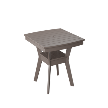 A gray square outdoor table with visible wood grain details and a central umbrella hole.