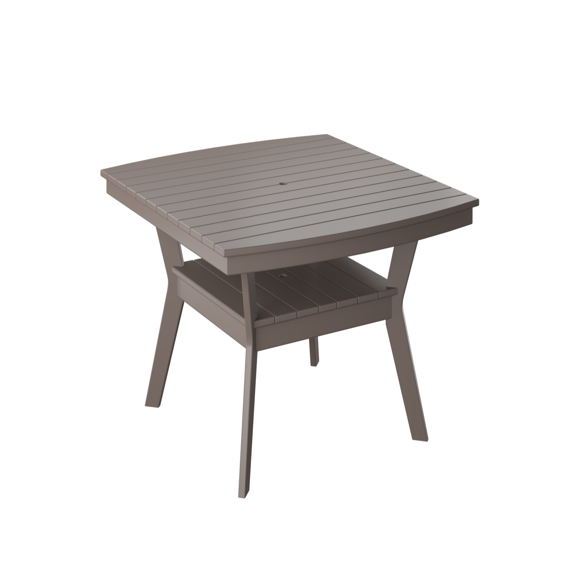 A square gray chat table with a wooden top and metal frame for outdoor furniture.
